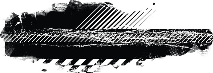 Aufkleber - Glitch distorted grunge banner . Noise destroyed texture. Checkered race grunge flag . Overlay grunge texture .Distressed effect .Vector shapes with a speed lines and tire tracks screen print texture.