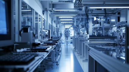 Poster - Establishing Shot Dolly Shot Inside Bright Advanced Semiconductor Production Fab Cleanroom with Working Overhead Wafer Transfer System 