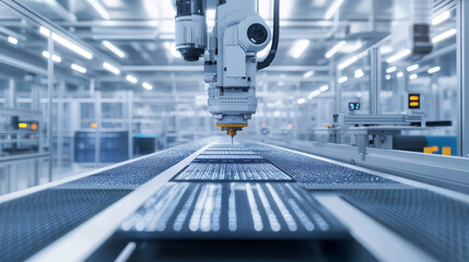 Poster - Establishing Shot Dolly Shot Inside Bright Advanced Semiconductor Production Fab Cleanroom with Working Overhead Wafer Transfer System 