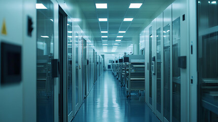 Poster - Establishing Shot Dolly Shot Inside Bright Advanced Semiconductor Production Fab Cleanroom with Working Overhead Wafer Transfer System 