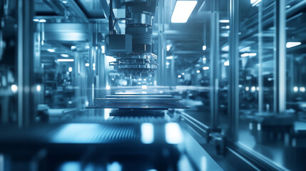 Poster - Establishing Shot Dolly Shot Inside Bright Advanced Semiconductor Production Fab Cleanroom with Working Overhead Wafer Transfer System 