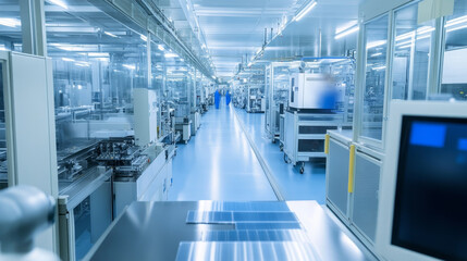 Poster - Wide Shot Inside Advanced Semiconductor Production Fab Cleanroom with Working Overhead Wafer Transfer System 