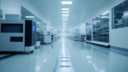 Poster - Wide shot of Bright Advanced Semiconductor Production Fab Cleanroom with Working Overhead Wafer Transfer System 