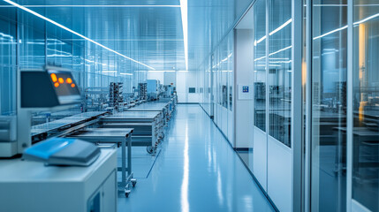 Poster - Wide shot of Bright Advanced Semiconductor Production Fab Cleanroom with Working Overhead Wafer Transfer System 