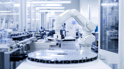 Poster - Dolly Shot Inside Bright Advanced Semiconductor Production Fab Cleanroom with Working Overhead Wafer Transfer System 