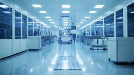 Poster - Wide shot of Bright Advanced Semiconductor Production Fab Cleanroom with Working Overhead Wafer Transfer System. Computer Chip Manufacturing Process.