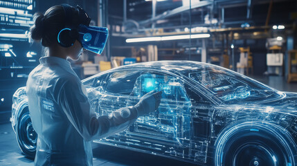 Poster - Isometric Cybernetic Robots and people works with a virtual interface in augmented reality. Virtual computer development of a car model using artificial intelligence. Future concept.