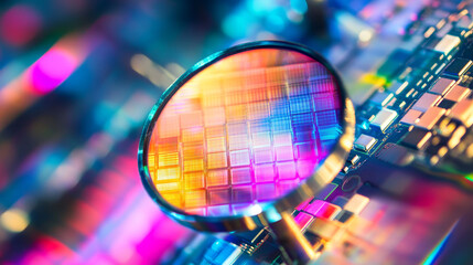 Poster - Close-up Shot of Silicon Wafer in Bright light at Advanced Semiconductor Foundry, that produces Computer Chips.