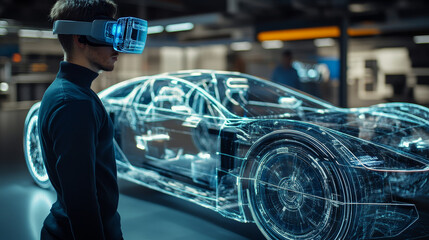 Poster - Isometric Cybernetic Robots and people works with a virtual interface in augmented reality. Virtual computer development of a car model using artificial intelligence. Future concept.