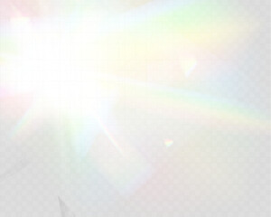 Wall Mural - bright white light explosion with lens flare, rainbow reflections, and sparkles on transparent backg