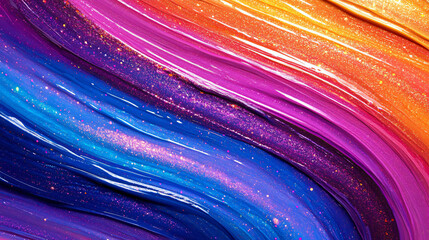 Poster - Close-up of a colorful abstract painting featuring shimmering blends of metallic paint merging in an artistic display of creativity.