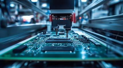 Poster - Printed Circuit Board with Advanced Processing Unit inside Component Installation Machine. Top View. Electronic Devices Production Industry. Fully Automated PCB Assembly Line. Conveyor on Factory.