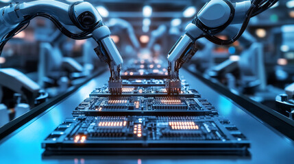 Poster - Printed Circuit Board with Advanced Processing Unit. Electronic Devices Production Industry. Fully Automated PCB Assembly Line. Conveyor on Electronics Factory.
