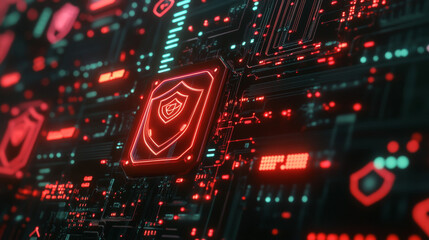 Poster - Abstract technology circuit board background with shield symbols concept of data protection and cyber privacy. modern security technology innovation concept background