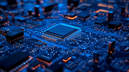 Poster - abstract ai circuit board background. technology connected blue lines with electronics elements on t