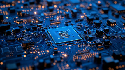 Poster - abstract ai circuit board background. technology connected blue lines with electronics elements on t