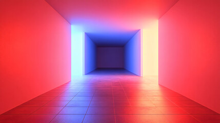 Poster - Long hallway featuring red walls illuminated by blue light with soft gradient transitions creating a unique and atmospheric visual experience.