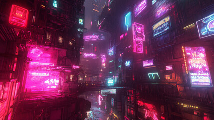 Poster - Sci-fi city has glowing neons and a bright window. 3D rendering illustration. 3D Illustration