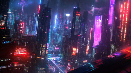 Poster - Sci-fi city has glowing neons and a bright window. 3D rendering illustration. 3D Illustration