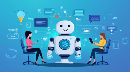 Poster - Isometric artificial intelligence. Chat bot and future marketing. AI and business IOT concept. Mans and women chatting with chatbot application. Dialog help service. Vector illustration.