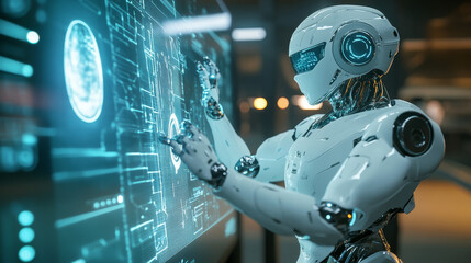 Poster - Isometric Robot with artificial intelligence. Robot cybernetic organism works with a virtual HUD interface in augmented reality. Future concept.