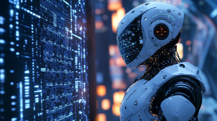 Poster - Isometric Robot with artificial intelligence. Robot cybernetic organism works with a virtual HUD interface in augmented reality. Future concept.