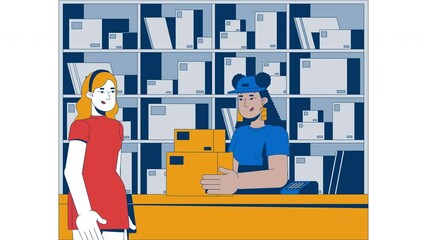 Poster - Customer giving packages to postal worker at post-office cartoon animation. Government mail delivery. Postwoman client animated flat 2D characters 4K video isolated on white, scene storytelling