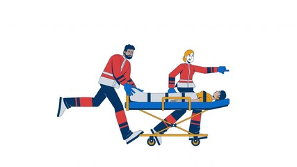 Poster - Diverse paramedics rushing with patient on stretcher cartoon animation. Emergency responders transporting unconscious woman animated flat 2D characters 4K video isolated on white, scene storytelling