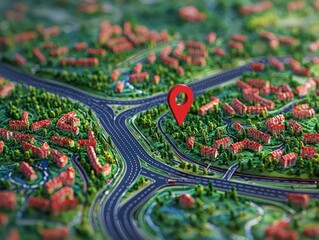 Poster - Red map location mark symbol navigation pointer on the road in perspective travel destination concept