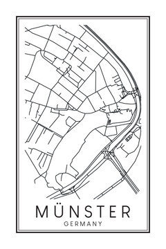 Hand drawn printable downtown road map poster of borough MÜNSTER of the German city of STUTTGART on solid white background with city name
