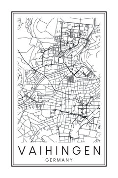 Hand drawn printable downtown road map poster of borough VAIHINGEN of the German city of STUTTGART on solid white background with city name