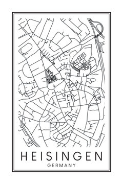Hand drawn printable downtown road map poster of borough HEISINGEN of the German city of ESSEN on solid white background with city name