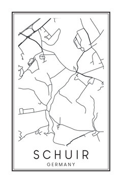 Hand drawn printable downtown road map poster of borough SCHUIR of the German city of ESSEN on solid white background with city name