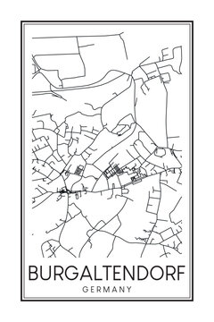 Hand drawn printable downtown road map poster of borough BURGALTENDORF of the German city of ESSEN on solid white background with city name