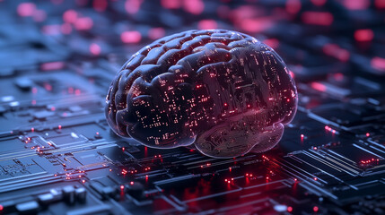 Poster - Isometric human brain with micro chip. artificial intelligence and implants of artificial organs.