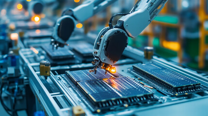 Poster - 3d rendering robotic arms with silicon wafers for semiconductor manufacturing 