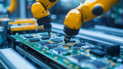 Poster - Close-up of High Precision Robot Arms on Automated PCB Assembly Line Inside Modern Electronics Factory. Component Installation. Board. Electronic Devices Production Industry. Manufacturing Automation