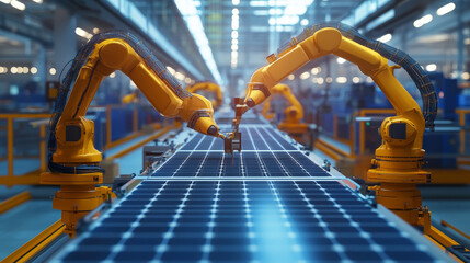 Poster - Wide Shot of Solar Panel Production Line with Robot Arms at Modern Bright Factory. Solar Panels are being Assembled on Conveyor.