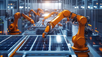 Poster - Top View of Solar Panel Assembly Line with Robot Arms at Modern Bright Factory. Solar Panel Production Prodcess at Automated Facility