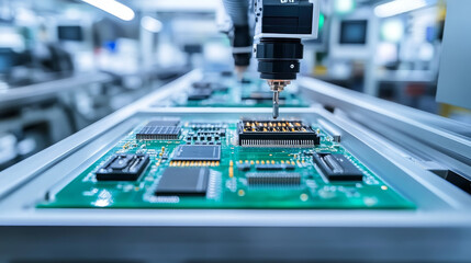 Poster - Advanced High Precision Robot Arms on Fully Automated PCB Assembly Line Inside Modern Electronics Factory. Electronic Devices Production Industry. Component Installation on Circuit Board