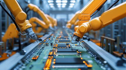 Poster - Advanced High Precision Robot Arms on Fully Automated PCB Assembly Line Inside Modern Electronics Factory. Electronic Devices Production Industry. Component Installation on Circuit Board