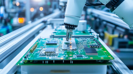 Poster - Advanced High Precision Robot Arms on Fully Automated PCB Assembly Line Inside Modern Electronics Factory. Electronic Devices Production Industry. Component Installation on Circuit Board