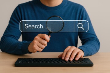 Poster - unveiling insights: a person, meticulously focused on a search bar, utilizes a magnifying glass to e