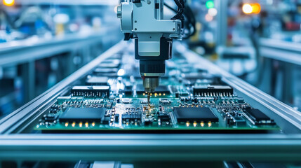 Poster - Advanced High Precision Robot Arm inside Bright Electronics Factory. Component Installation on Circuit Board. Electronic Devices Production Industry. Fully Automated Modern PCB Assembly Line.