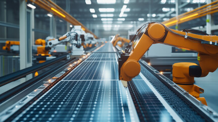 Poster - Large Production Line with Industrial Robot Arms at Modern Bright Factory. Solar Panels are being Assembled on Conveyor. Automated Manufacturing Facility