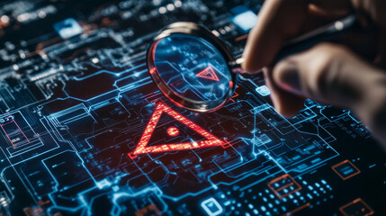 Poster - System engineer identifying problem in computer network system. Red triangle with exclamation mark and many other checkmark icons. Hand holding magnifying glass.