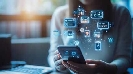 Poster - Isometric artificial intelligence concept. AI and business IOT concept. Man communicating with chat bot via instant messenger as an example of artificial intelligence. 
