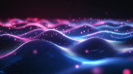 Poster - Vector illustration of futuristic digital technology background with glowing dots floating on digital landscape and wave wireframe above for game graphic and advertising artwork.
