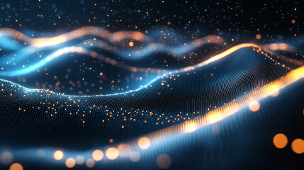 Poster - Vector illustration of futuristic digital technology background with glowing dots floating on digital landscape and wave wireframe above for game graphic and advertising artwork.