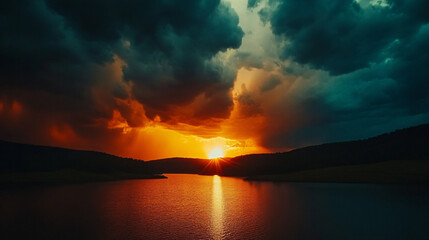 Poster - Striking visuals of a dramatic sunset over a serene lake with vibrant colors and reflections on the calm water surface.